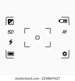 Camera viewfinder application interface on smartphone, screen. Photo shooting mode. Doodle style sketch. Vector illustration.