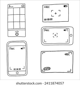 Camera viewfinder application interface on smartphone, screen. Movie mode. Doodle style sketch. Vector illustration.
