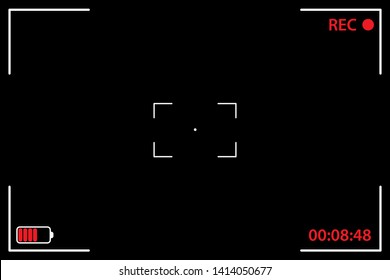 Camera Viewfinder Black Background. UI Elements: Recording Label, Battery Icon, Time Indicator, Crosshair, Scanlines. Vector Illustration Template Recording Video