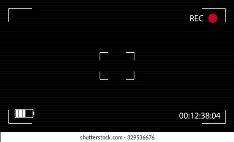 Camera Viewfinder Black Background. Vector Widescreen Illustration. UI Elements:  Time Indicator, Recording Label, Battery Icon, Crosshair, Scanlines.