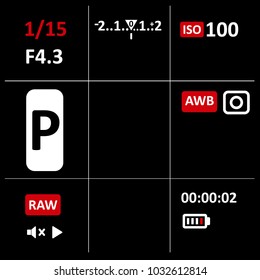 Camera viewfinder display. Exposure and composition focus, electronic zoom, photography optical, finder and screen, vector illustration. Black background