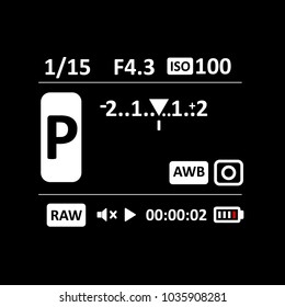 Camera viewfinder display. Exposure and composition focus, electronic zoom, photography optical, finder and screen, vector illustration