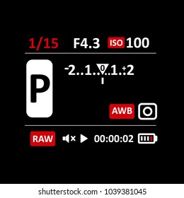 Camera viewfinder display. Exposure and composition focus, electronic zoom, photography optical, finder and screen, vector illustration