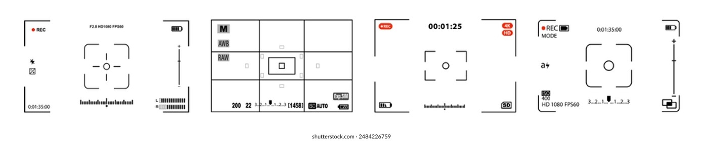 Camera viewfinder. Camera display. Recording view frame, cinema and phone rec viewing screen