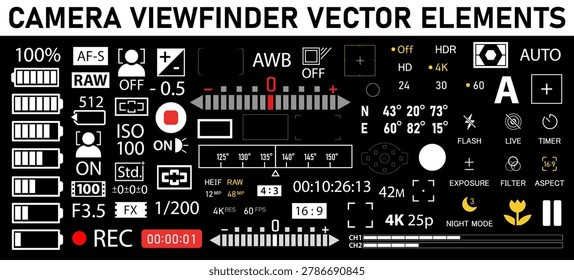 Camera viewfinder elements pack - digital, mirorless, DSLR, cameraphone. Camera focusing screen design items. Detailed template elements. Vector illustration