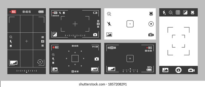 Camera viewfinder with exposure, settings, options set. Digital device screen elements, frame. Display symbols. Red led blinking. Interface with focus. Recording video. Vector isolated collection.