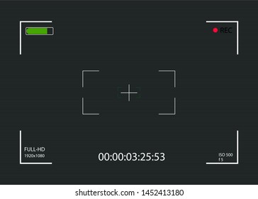 Camera viewfinder. Focusing screen of the camera. Viewfinder camera recording. White lines and text, rec icon with timing on black background with scanlines.. Vector template for your design.