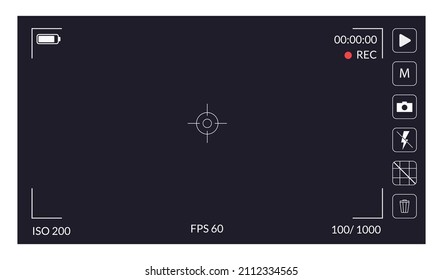 Camera viewfinder. Focusing screen recording. Black screen camera with video shooting parameters, photo quiality indicators. Digital zoom recording for modern vector bloggers