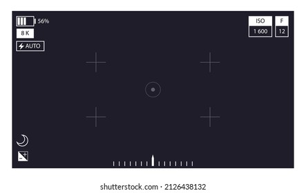 Visor de cámara. Centrando la grabación en pantalla. Cámara de pantalla negra con parámetros de grabación de vídeo, indicadores de la calidad de la foto. Grabación de zoom digital para blogueros vectoriales modernos
