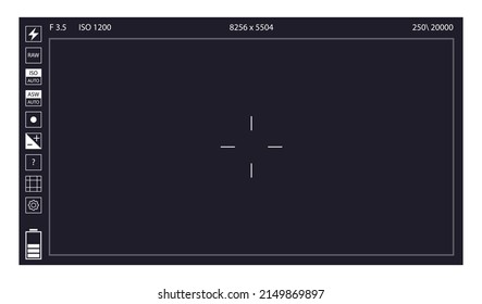 Camera viewfinder. Focusing screen recording. Black screen camera with video shooting parameters, photo quiality indicators. Digital zoom recording for modern vector bloggers