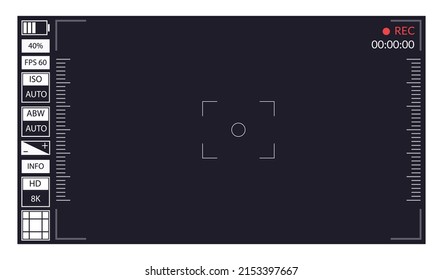 Camera viewfinder. Focusing screen recording. Black screen camera with video shooting parameters, photo quiality indicators. Digital zoom recording for modern vector bloggers