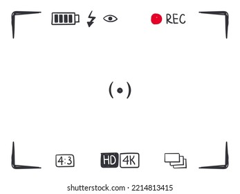 Pantalla de enfoque fotográfico, de vídeo o de imagen dibujada a mano por el visor de la cámara. Plantilla de grabación de esbozo o instantánea, cámara dslr de pantalla digital, interfaz de captura para fotografía o videografía, vector plano.