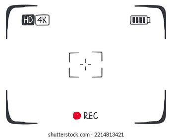 Kamerasucher-Rahmen handgezeichnet Stil, Video-oder Foto-Fokus-Bildschirm. Sketch-Aufnahme oder Schnappschablone, digitale Display-Dslr-Kamera, Aufnahmeschnittstelle für Fotografie oder Videografie, flacher Vektor.