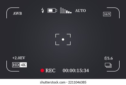Camera viewfinder frame, video or photo focus screen. Recording or snapshot template, digital display dslr cam, capture interface for photography or videography, flat vector illustration