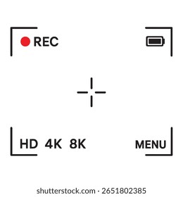 Interface do Camera Viewfinder mostrando as configurações de gravação, bateria, foco e resolução dos dispositivos modernos de captura de vídeo exibidos em branco.