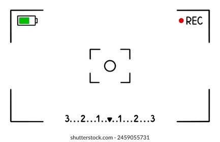 Camera viewfinder interface in doodle sketch style. Video frame, recording screen, digital display, photo camera border. Hand drawn vector illustration isolated on white background