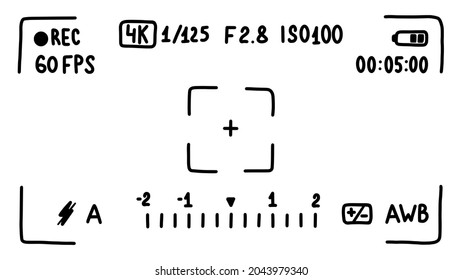 Camera viewfinder interface, screen. Movie mode. Doodle style sketch. Vector illustration.