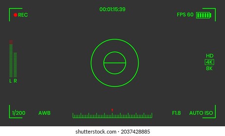 Camera viewfinder night vision video or photo frame recorder flat style design vector illustration. Digital camera viewfinder with exposure settings and focusing grid template.