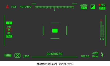 Camera viewfinder night vision video or photo frame recorder flat style design vector illustration. Digital camera viewfinder with exposure settings and focusing grid template.