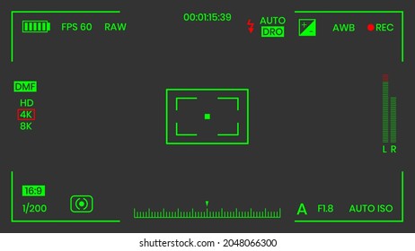 Camera viewfinder night vision video or photo frame recorder flat style design vector illustration. Digital camera viewfinder with exposure settings and focusing grid template.