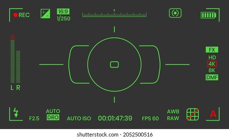 Cámara visor de visión nocturna de vídeo o fotograma grabador de diseño de estilo plano ilustración vectorial. Visor de cámara digital con ajustes de exposición y plantilla de cuadrícula de enfoque.