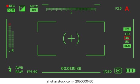 Camera viewfinder night vision video or photo frame recorder flat style design vector illustration. Digital camera viewfinder with exposure settings and focusing grid template.