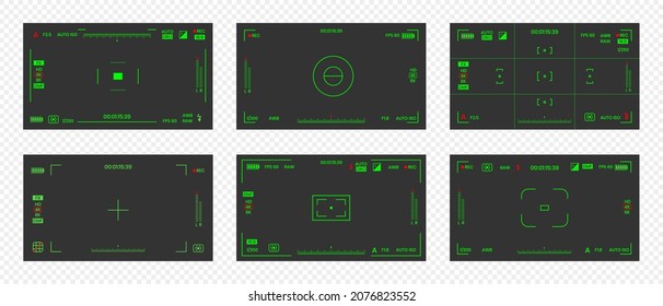 Camera viewfinder night vision video or photo frame recorder flat style design vector illustration set. Digital camera viewfinder with exposure settings and focusing grid template.