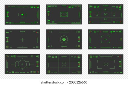 Camera viewfinder night vision video or photo frame recorder flat style design vector illustration set. Digital camera viewfinder with exposure settings and focusing grid template.