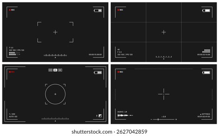 Collection de superposition du viseur de caméra. viseur de caméra à Vidéo sur fond noir. Cadre d'affichage de viseur de caméra de Vidéo avec indicateurs pour enregistrer la Vidéo et les photos. Image vectorielle