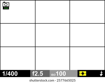 Camera viewfinder overlay with grid lines, showing settings shutter speed, aperture diafragma, ISO, and flash indicator. Ideal for photography tutorials