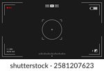 Camera viewfinder overlay. Video camera viewfinder on black background. Video camera viewfinder display frame for recording video and photos. Recording camera screen with indicators and frame. Vector