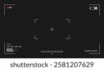 Camera viewfinder overlay. Video camera viewfinder on black background. Video camera viewfinder display frame for recording video and photos. Recording camera screen with indicators and frame. Vector