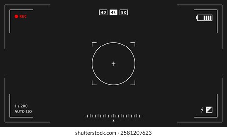 Camera viewfinder overlay. Video camera viewfinder on black background. Video camera viewfinder display frame for recording video and photos. Recording camera screen with indicators and frame. Vector