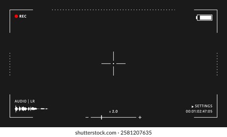 Camera viewfinder overlay. Video camera viewfinder on black background. Video camera viewfinder display frame for recording video and photos. Recording camera screen with indicators and frame. Vector