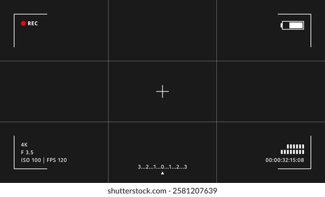 Camera viewfinder overlay. Video camera viewfinder on black background. Video camera viewfinder display frame for recording video and photos. Recording camera screen with indicators and frame. Vector