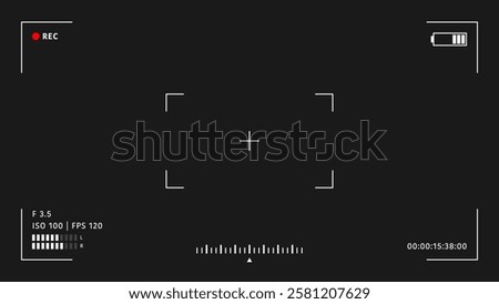 Camera viewfinder overlay. Video camera viewfinder on black background. Video camera viewfinder display frame for recording video and photos. Recording camera screen with indicators and frame. Vector