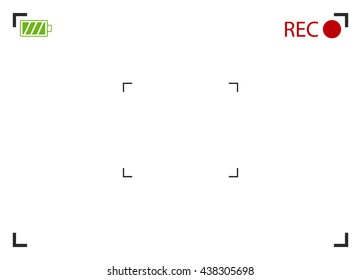 Camera viewfinder rec background, "rec" label, crosshair, scanlines, recording rec led icon. Vector illustration