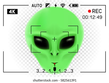 Camera viewfinder rec green alien face with black eyes on transparent white background. Record video with stranger. Invader head. UFO theme