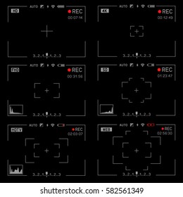 Camera viewfinder rec set collection on transparent black background. Record video snapshot photography