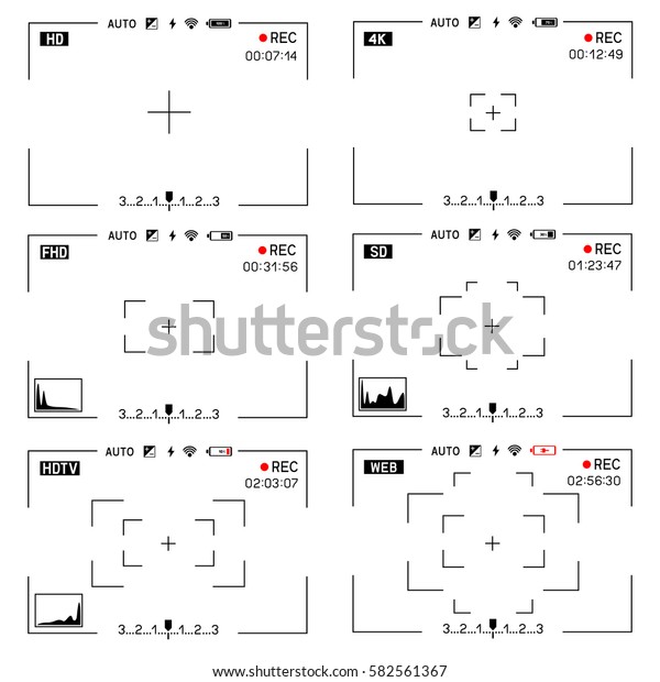 透明な白い背景にカメラビューファインダーレコードセットコレクション 動画のスナップショット写真を記録 のベクター画像素材 ロイヤリティフリー