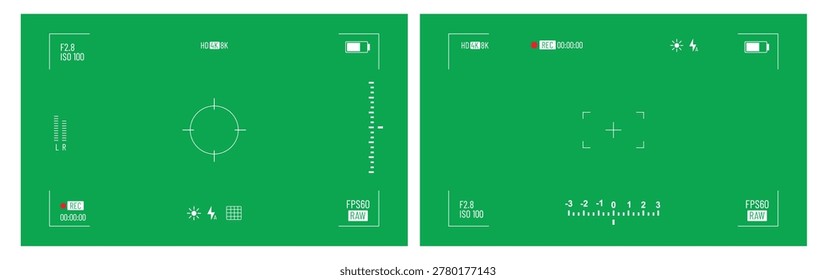 Camera viewfinder recording interface on a Green screen with focus reticle, REC indicator, timecode, resolution icons, and UI elements.