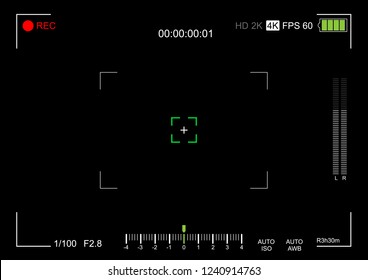 Camera viewfinder. Viewfinder camera recording. Video screen on a black background. vector illustration