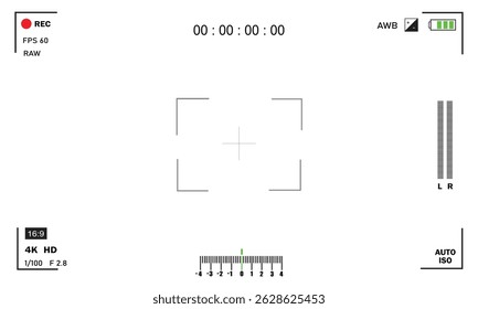 Camera viewfinder. Viewfinder camera recording. Video screen, camera frame vector template. Black lines and text, rec icon with information and timing on white background.