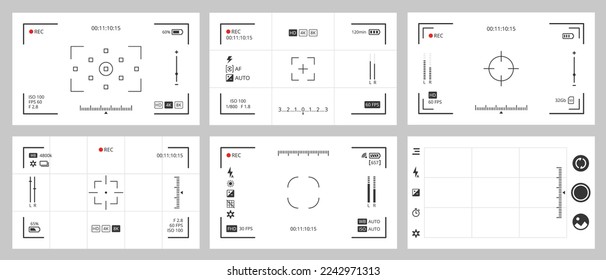 Kamera-Sucher-Bildschirm. DSLR-Schnittstellenfokussierbildschirm, lichtdurchsichtiger Rahmen der Fotokamera oder Vektorüberlagerungsset. Camcorder-Sucher-Display, Videografikvorschau-Hintergrund