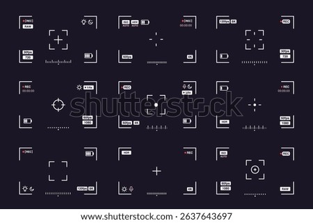 Camera viewfinder screen. Photo and video interface. Mobile camera digital display, UI UX video elements shutter button, smartphone flash setting, timer option, zoom level. Vector set.
