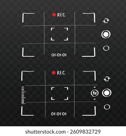 Camera viewfinder screen with recording elements. Grid, REC icon, interface design on dark background. hand drawn in doodle style