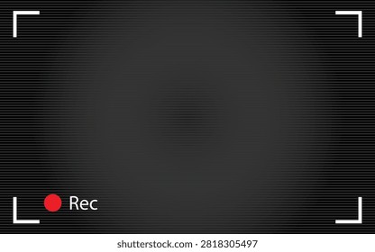 Camera viewfinder screen recording overlay with red rec indicator and focus corner marks. Vector illustration of cctv security camera monitor grid texture, video recording interface frame template.