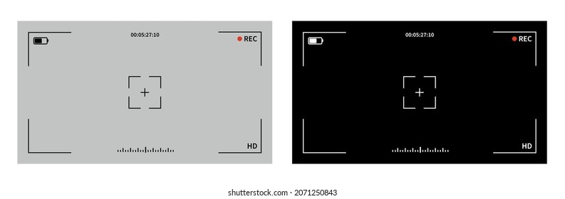 Camera viewfinder set vector.Recorder cam display, viewfinder ui for camera. Video camera focusing screen on grey and black background.Vector illustration