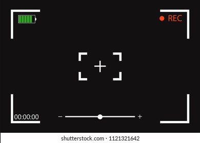 Camera viewfinder with shooting setting on screen. Viewfinder camera recording on black background. Vector