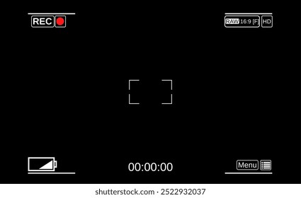 Visor da câmara. Tela de foco do modelo da câmera. Gravação da câmera do visor eletrônico. Tela de vídeo em um fundo preto. ilustração vetorial